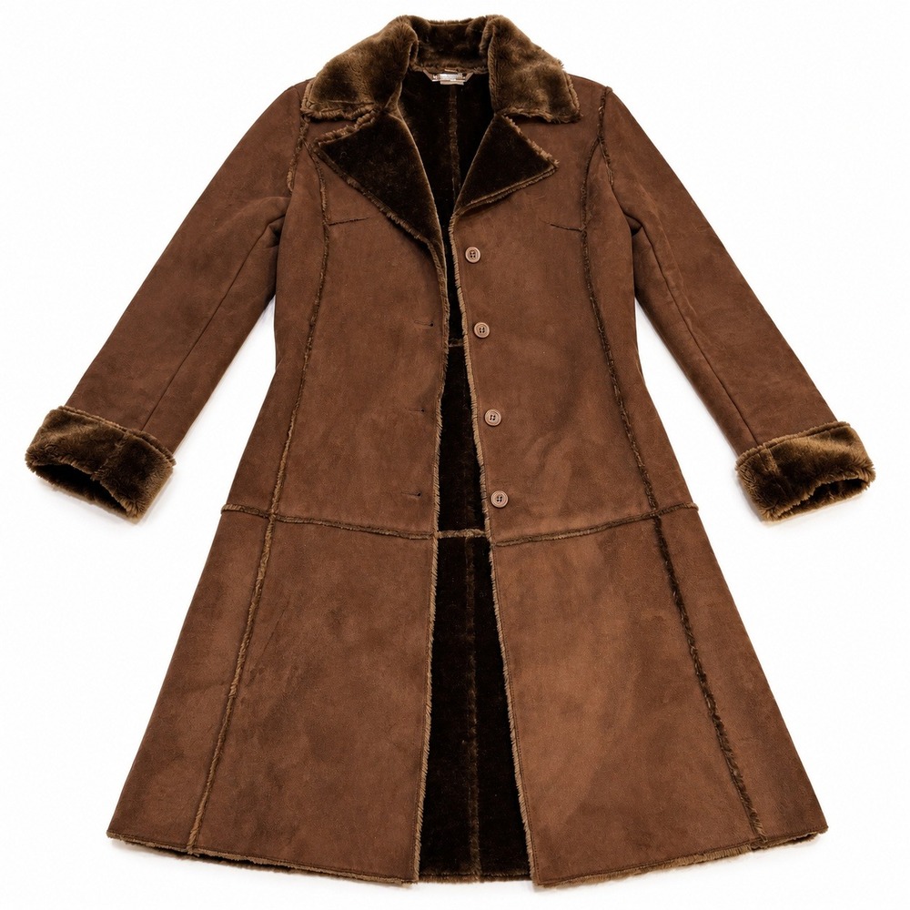 Furry Womens Faux Suede Shearling Penny Lane Coat Brown S Y2K Vintage Patchwork